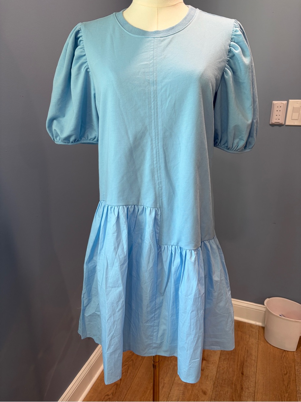 English Factory Powder Blue Puff Sleeve Mixed Media Mini Dress NWT